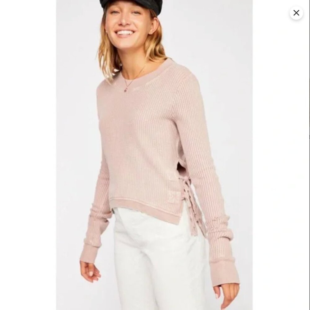 Free People FP One Size S Side Tie Waffle Knit Cropped Sweater Blush Pink - Picture 2 of 11